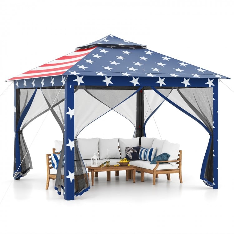 11 x 11 Feet 2-Tier Pop-Up Gazebo Tent Portable Canopy Shelter Carry Bag Mesh-Blue