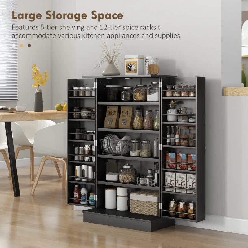 41" Kitchen Pantry Cabinet with 5-tier Shelving, 12 Spice Racks, Anti-Tipping, 2-Door Storage Cabinet with 3-Level Adjustable Shelves, Black