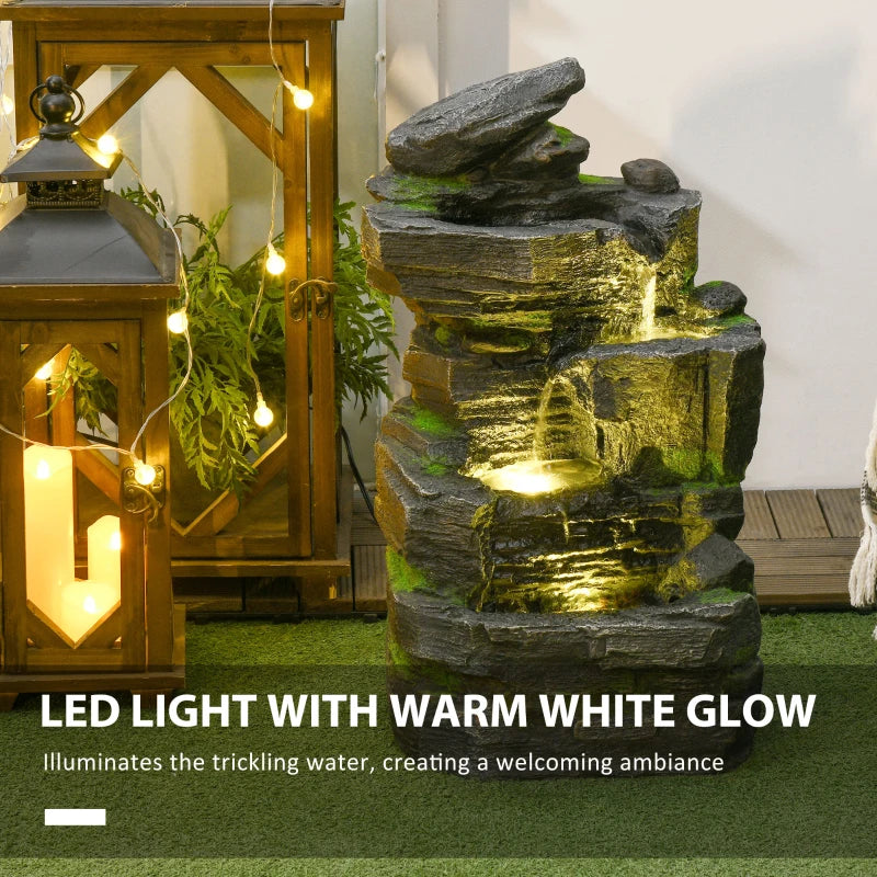 4-Tiered Rock Outdoor Water Fountain with LED Lights, Adjustable Flow, 22.4-inch Resin Waterfall Fountain