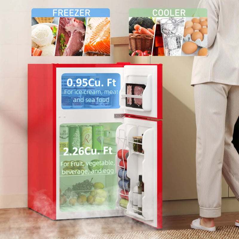 3.2 Cu Ft Compact Refrigerator, Mini Fridge with Freezer, Adjustable Shelves and Reversible Doors for Bedroom, Red