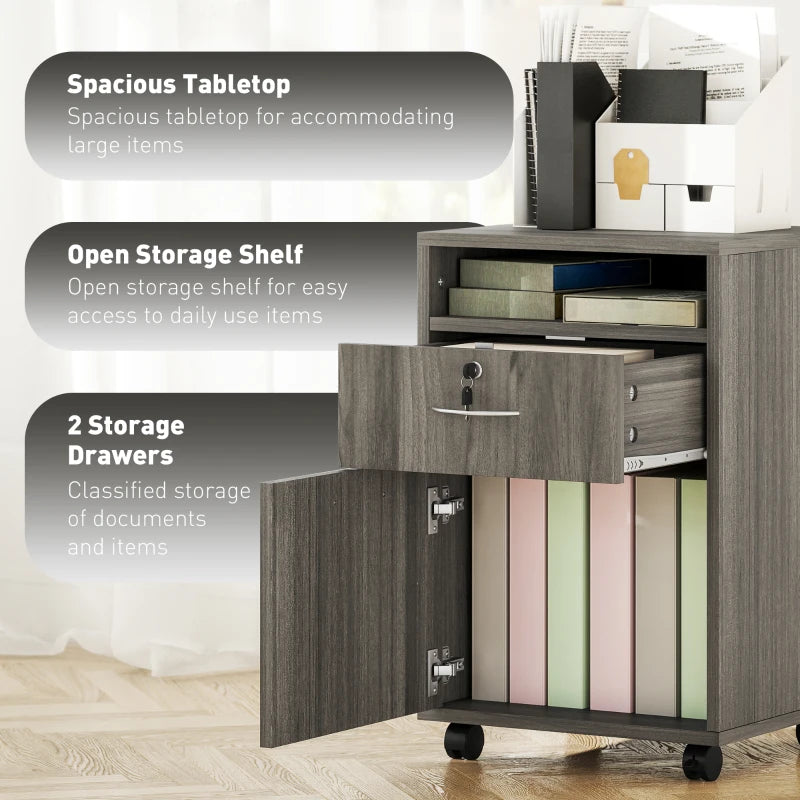 24" Filing Cabinet with Open Compartment, Lockable Drawer and Wheels, Home Office Storage Cabinet, Distressed Grey