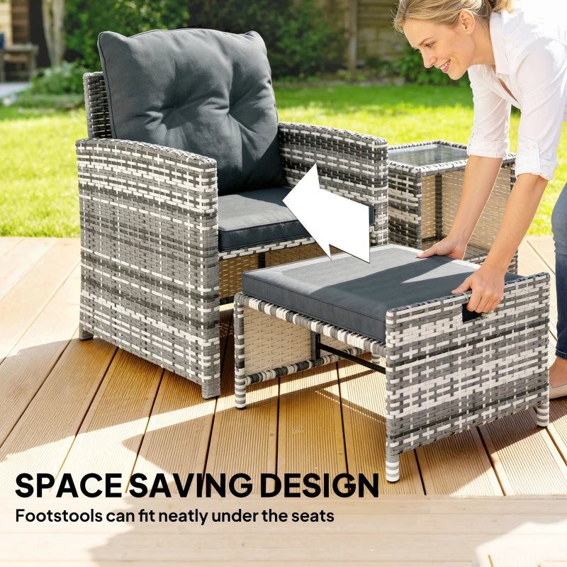 5 Piece Patio Furniture Set, Wicker Patio Chairs with Ottomans, 2-Tier Glass Coffee Table and Cushions, Grey/Dark Grey