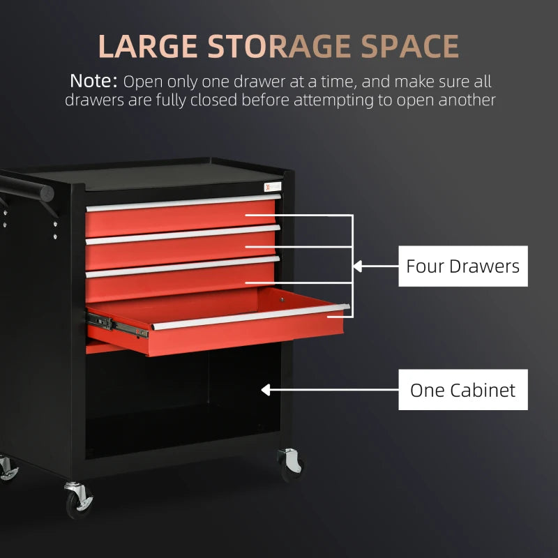 4-Drawer Tool Chest with 4 Wheels, Rolling Tool Box and Storage Cabinet, Portable Tool Organizer for Garage, Red