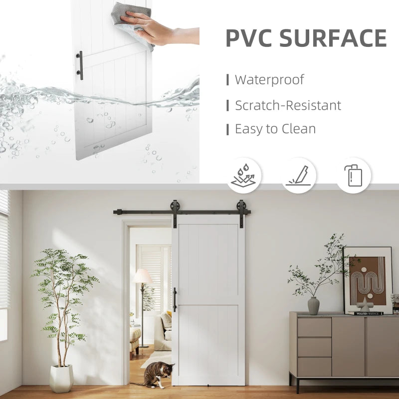 36inx84in Barn Door with 6FT Sliding Door Hardware Kit, Handle, Upgraded Rollers and Floor Guide, Waterproof, White