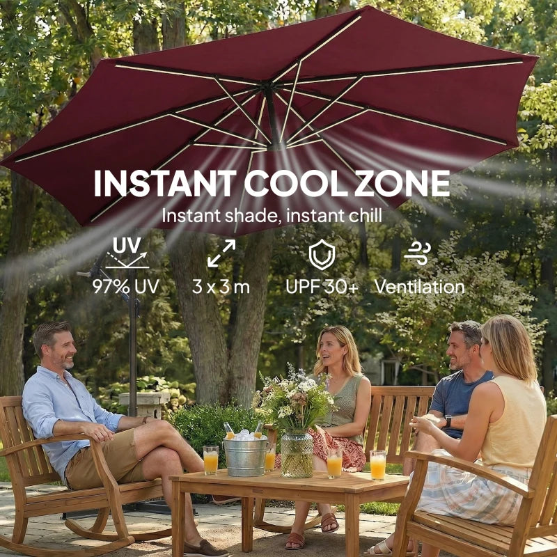 10 ft Offset Patio Umbrella with Solar Light, Garden Hanging Parasol with 360° Rotation, Tilt, Cover, Wine Red