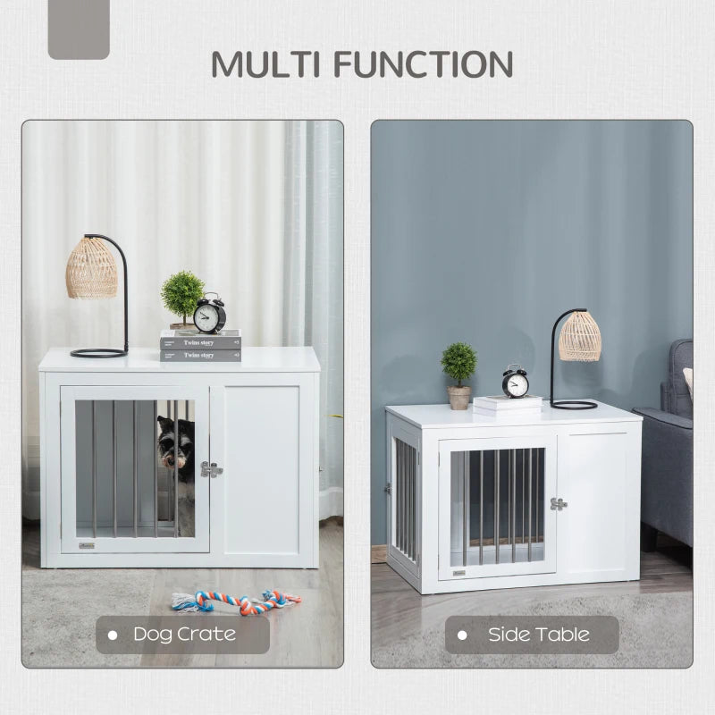 2-in-1 Dog Cage and Side Table, with Two Lockable Doors, for Medium Dogs - White