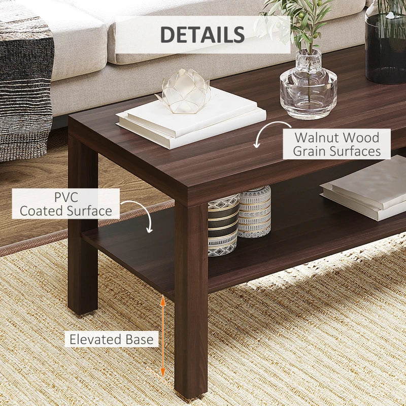 2 Tier Coffee Table with Storage Shelf, Rectangular Center Table for Living Room, Home Office Furniture Walnut