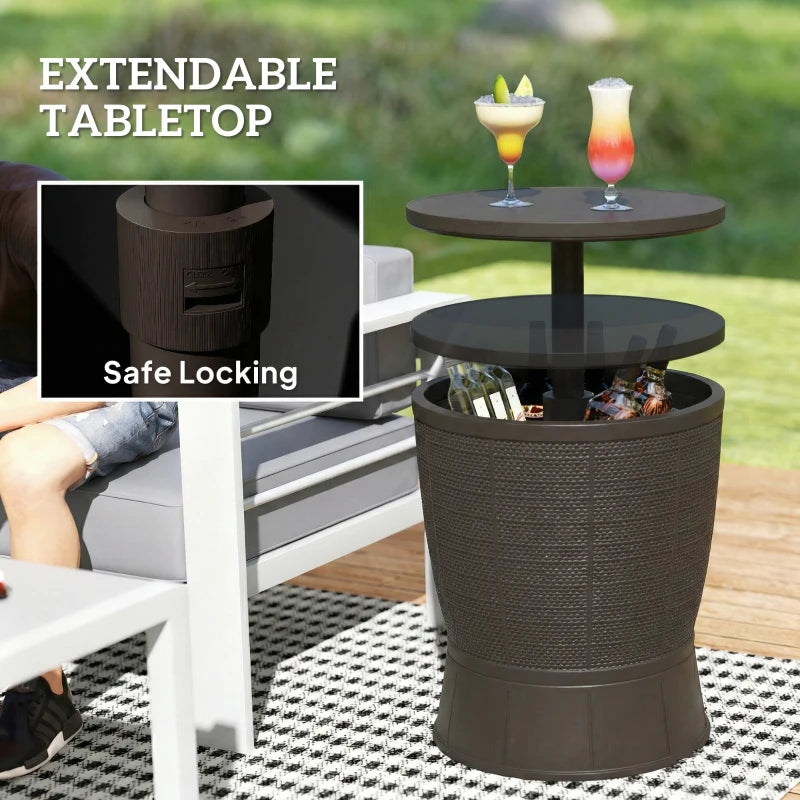 11 Gallon Patio Cooler Side Table, Outdoor Cooler Bar Table with Height Adjustable Top, Drainage Plug, Brown