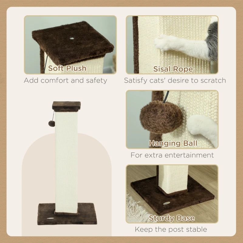 32" Tall Cat Scratching Post for Indoor Cats and Kittens, Sisal Cat Scratcher with Hanging Ball Soft Plush, Brown