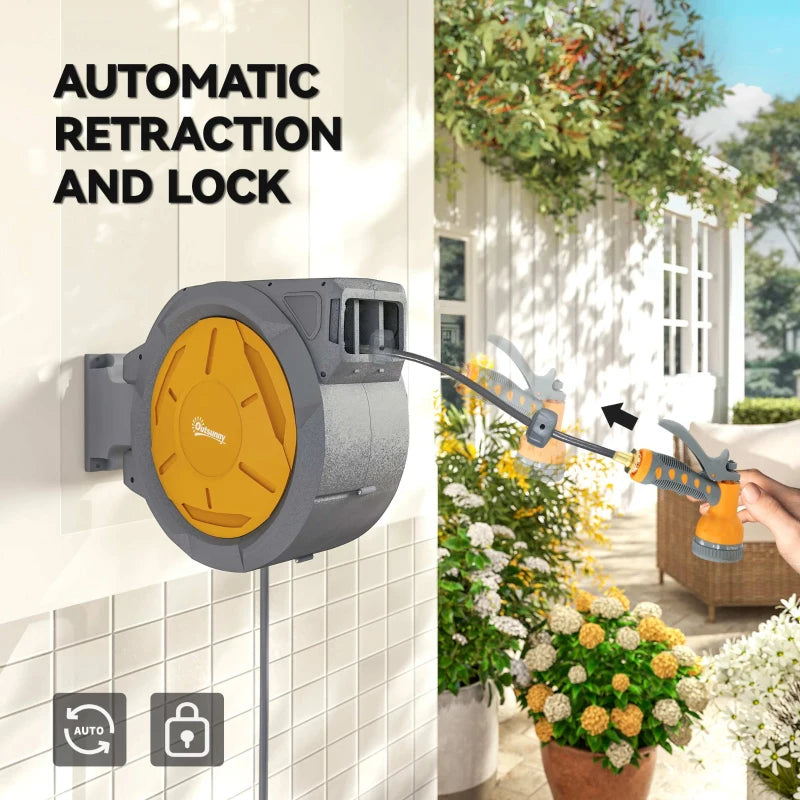 1/2 in x 100ft Wall Mounted Garden Hose Reel, Retractable Water Hose Reel with Auto Rewind, Any Length Lock, Orange