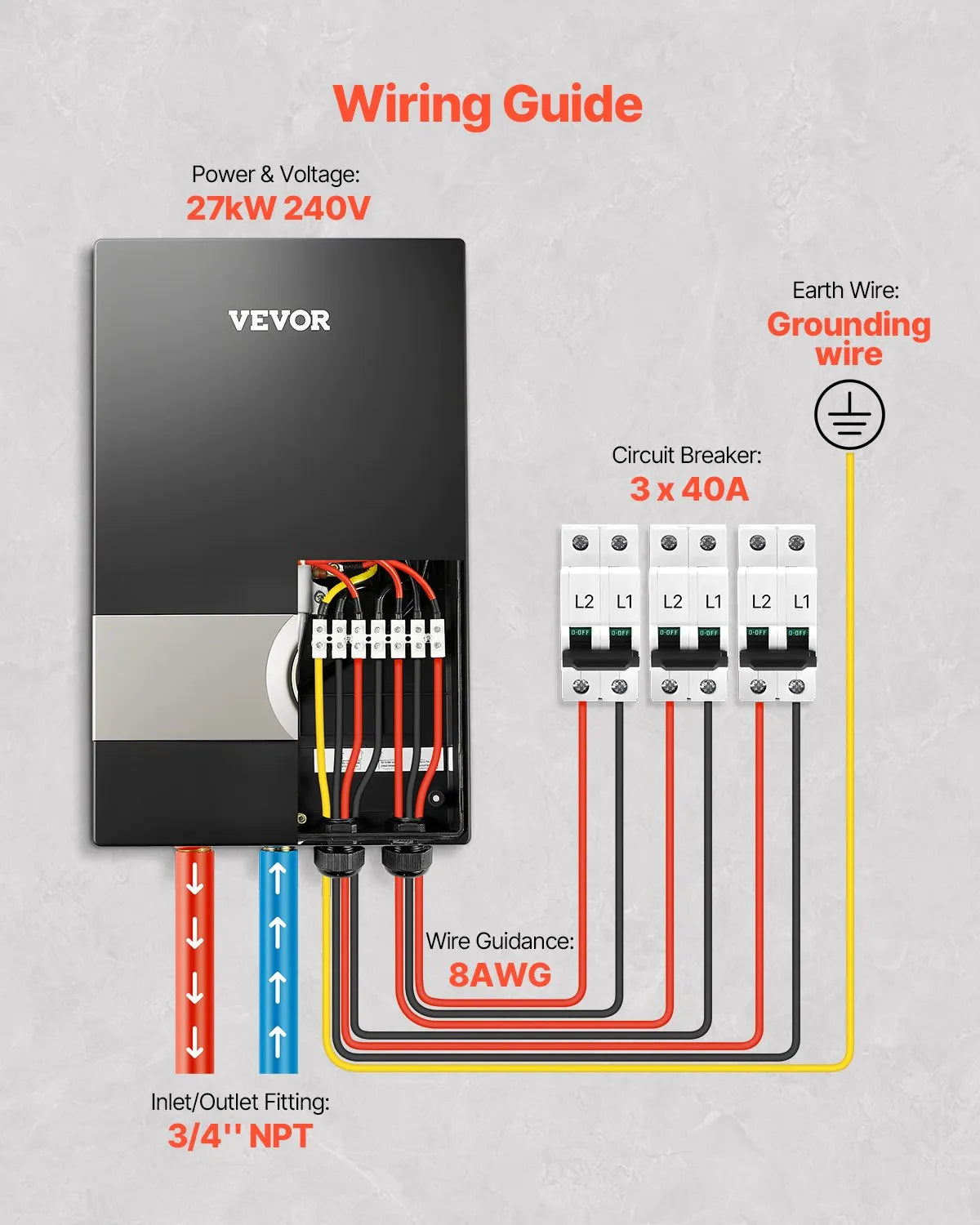 VEVOR 27kW Tankless Electric Water Heater Instant Hot with LCD Child Lock