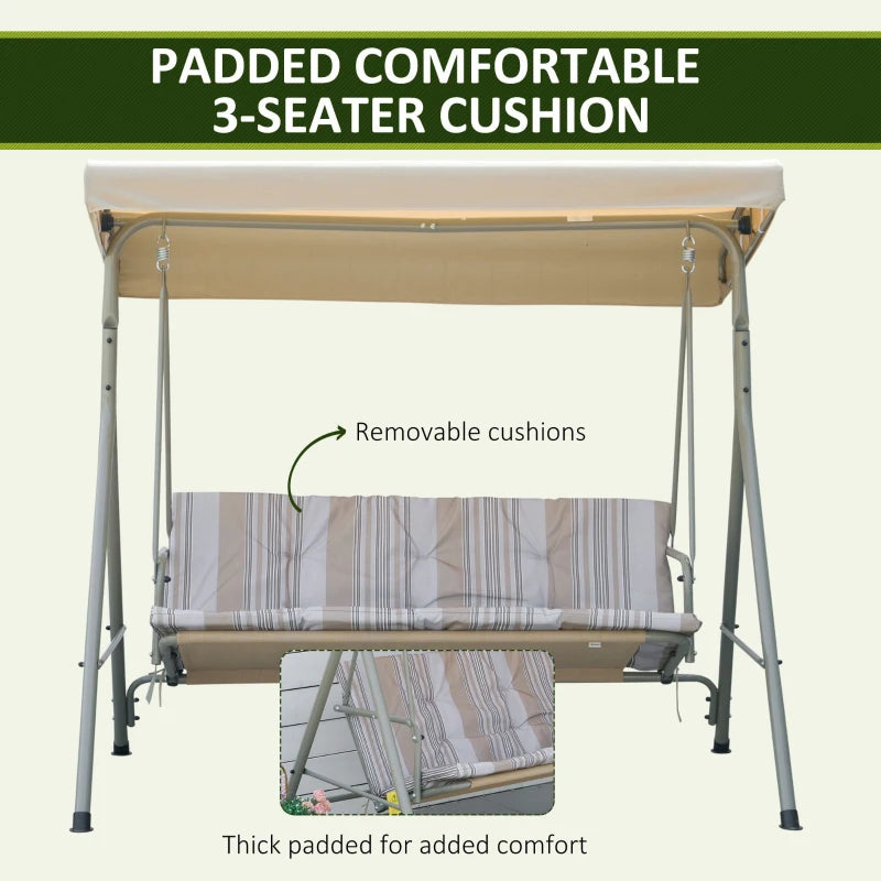 3-Seat Patio Swing Chair, Outdoor Porch Swing Glider with Adjustable Canopy, Light Brown