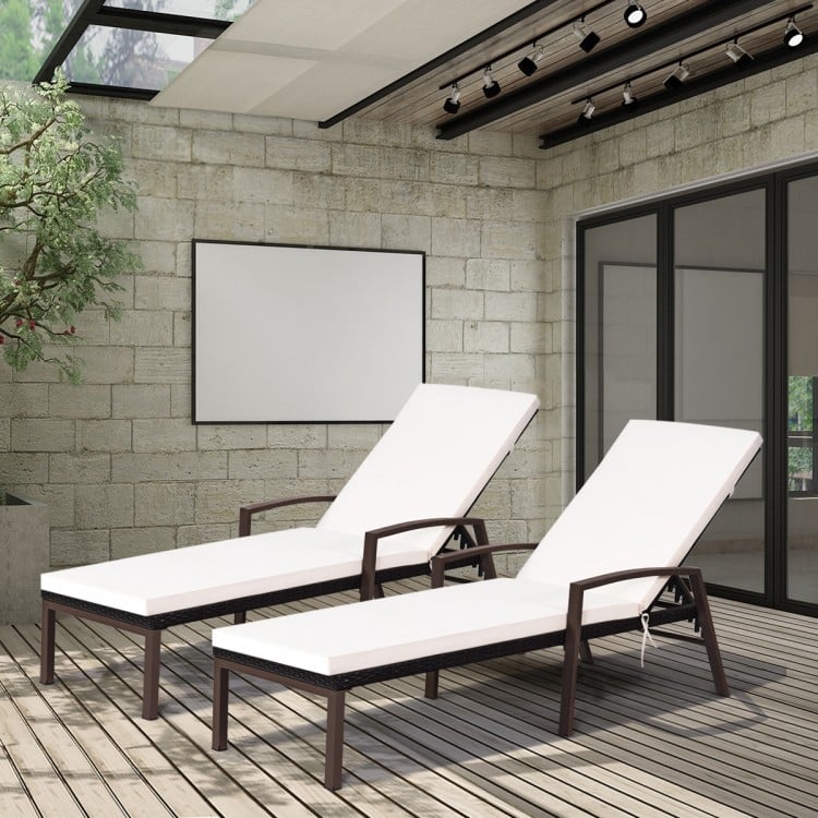2 Pieces Patio Rattan Reclining Chaise Lounge Chair with Cushion and Armrest-Red & White