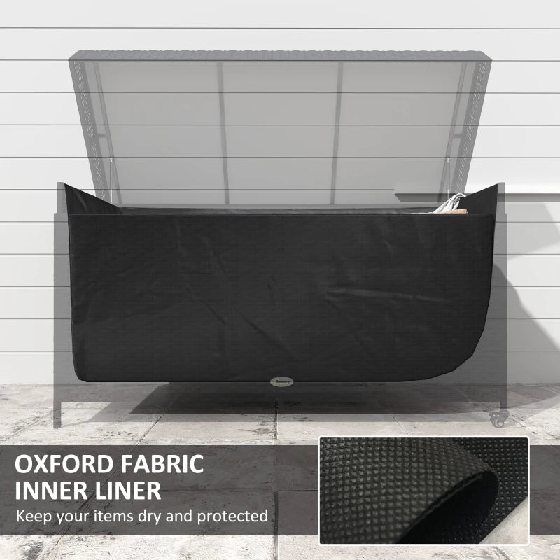165 Gallon Deck Box, Wicker Outdoor Patio Storage Box with Waterproof Liner, Gas Strut and Universal Wheels, Black