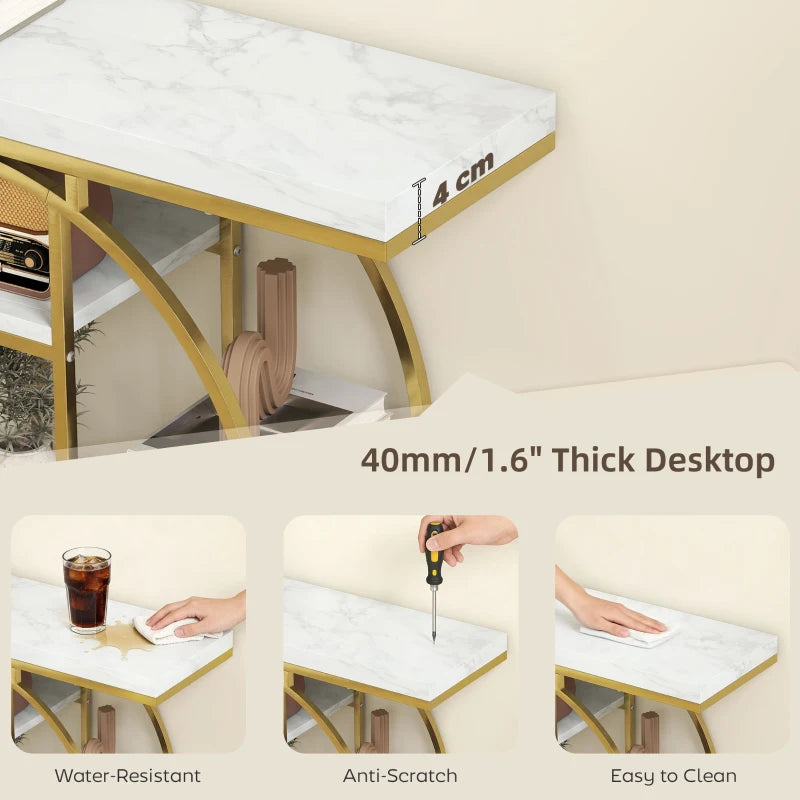 39.4" Console Table with Storage Shelves, Industrial Sofa Table for Living Room, Hallway, White Marble Effect