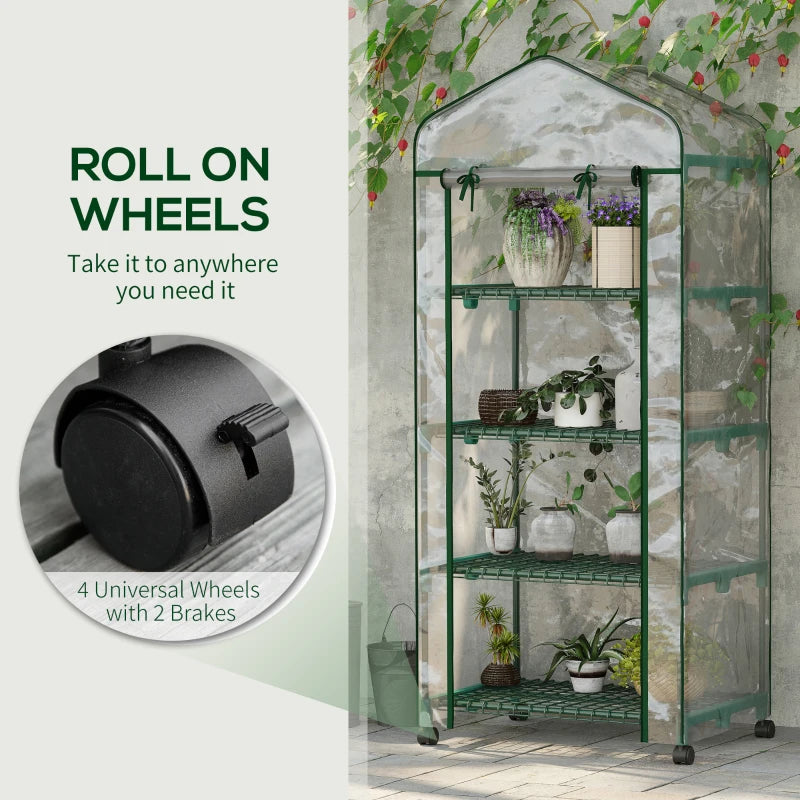 27" x 20" x 65" Portable Greenhouse with 4 Tier Shelves and Wheels, Outdoor Hot House Plant Flower Greenhouse, Steel Frame, Plastic Cover, Clear