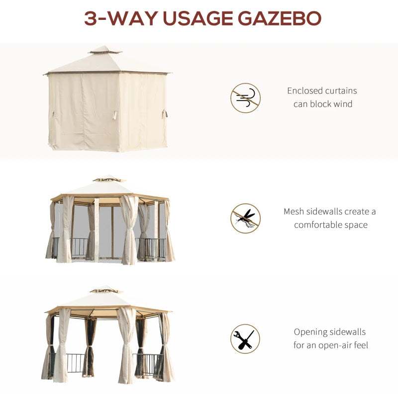 13ft Hexagon Gazebo Outdoor Canopy Shelter with Netting and Shaded Curtains Beige