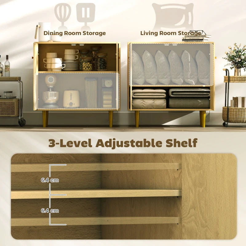 Sideboard with Adjustable Shelf, Buffet Cabinet with 2 Doors and Gold Steel Legs for Dining Room, Oak
