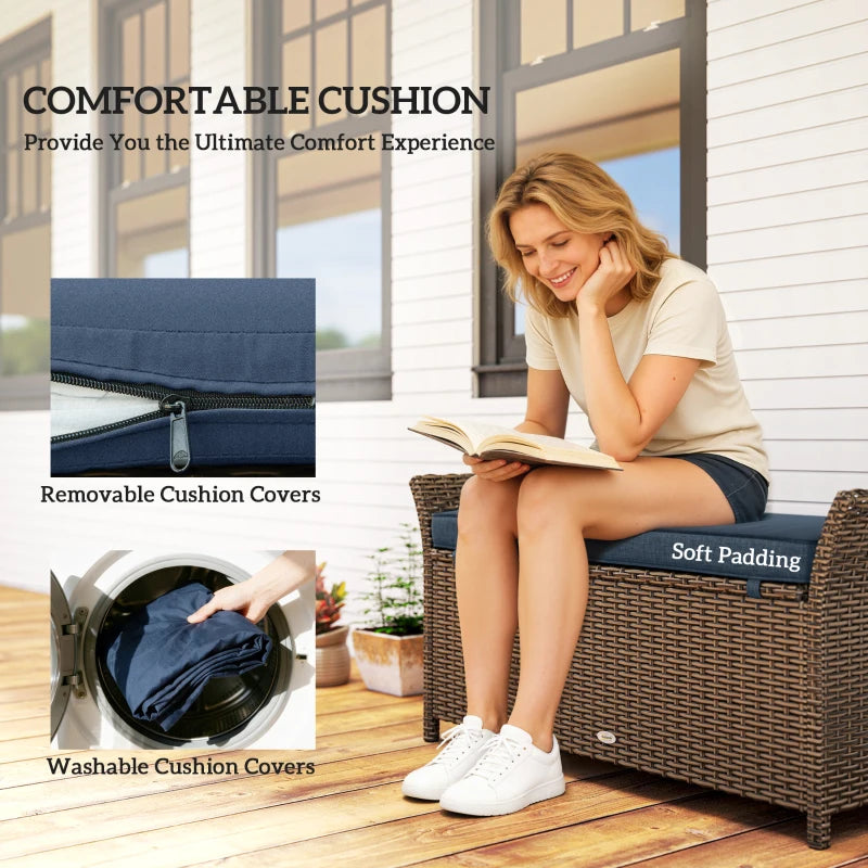 2-In-1 Outdoor Storage Bench, 29 Gallon Wicker Deck Box with Handles and Cushion, Navy Blue