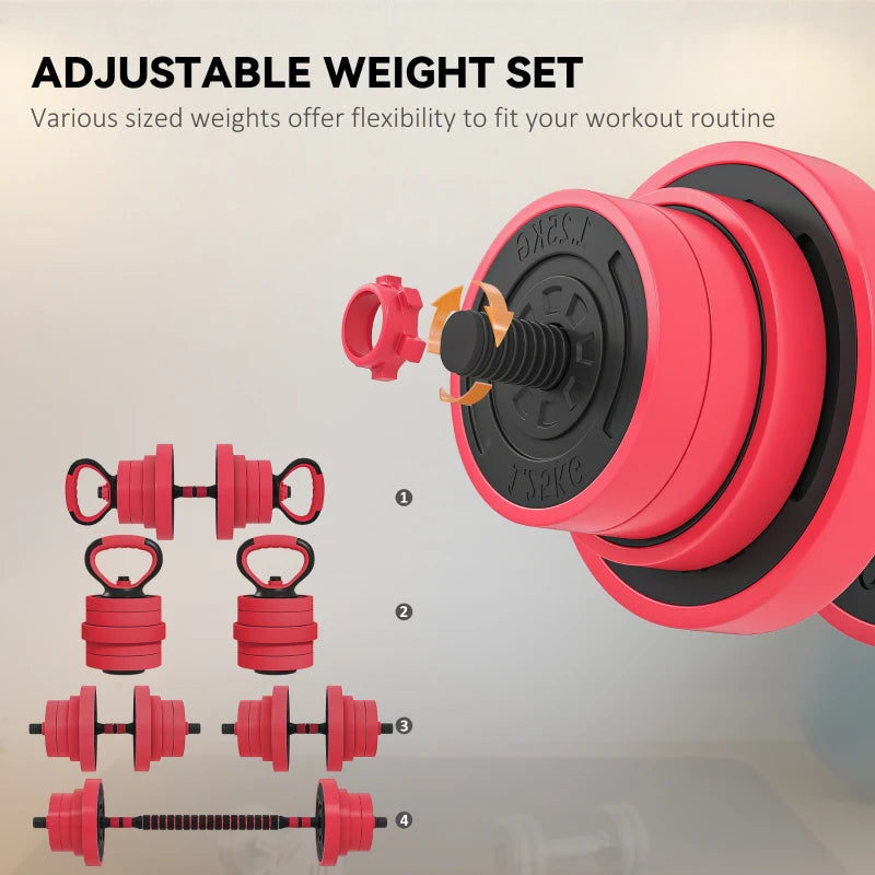 Soozier 88lbs 4-in-1 Adjustable Weight Dumbbell Set, Barbell, Kettlebell, Push Up Stand, Red