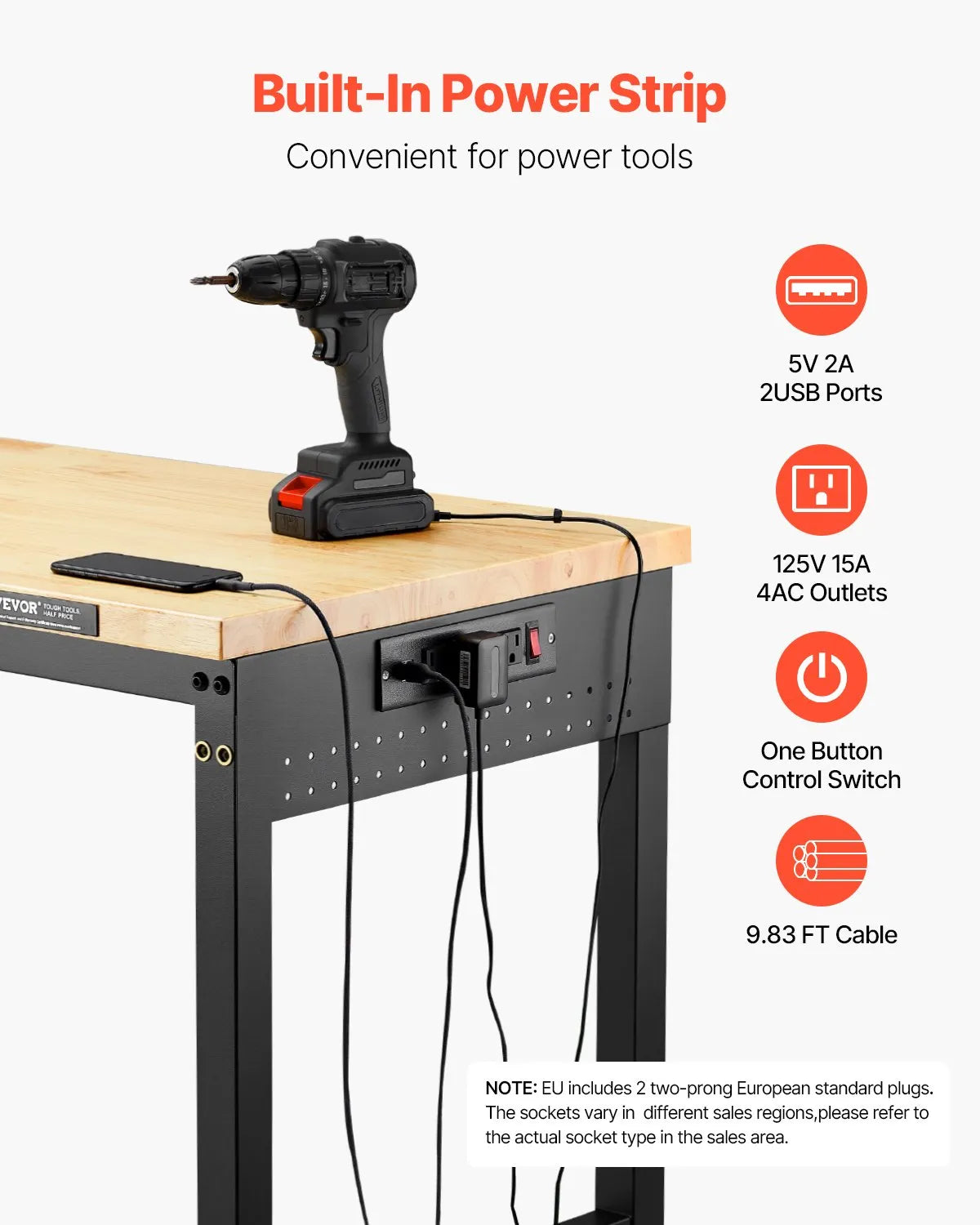 VEVOR 60" Workbench on Wheels Adjustable Height Table with Power Outlet & Pegboard