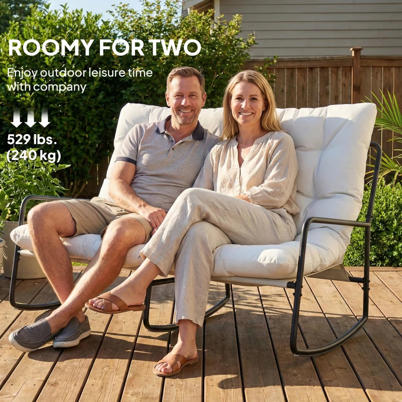 2-Person Outdoor Rocking Chair, Rocking Outdoor Bench with Cushions and Mesh Seat, 528 LBS Capacity, Light Grey