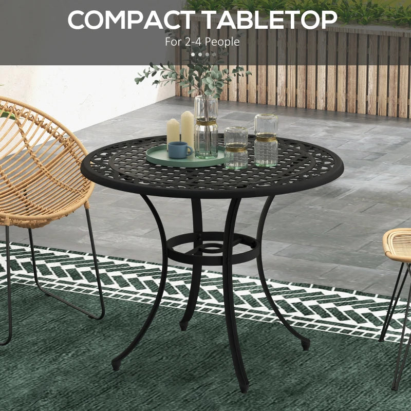 35.5" Round Outdoor Dining Table for 2-4, Cast Aluminum Garden Patio Table with 2" Umbrella Hole, Grid Top, Black