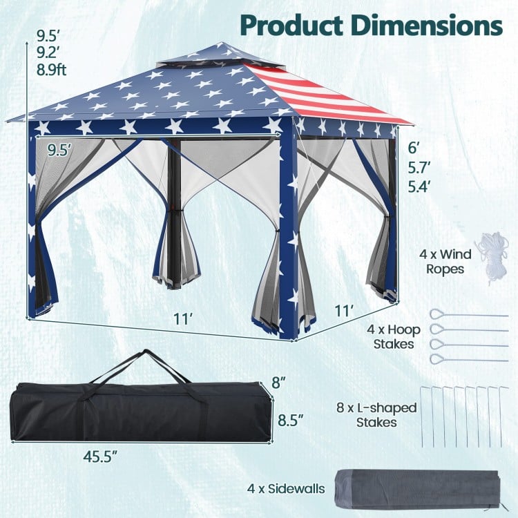 11 x 11 Feet 2-Tier Pop-Up Gazebo Tent Portable Canopy Shelter Carry Bag Mesh-Blue