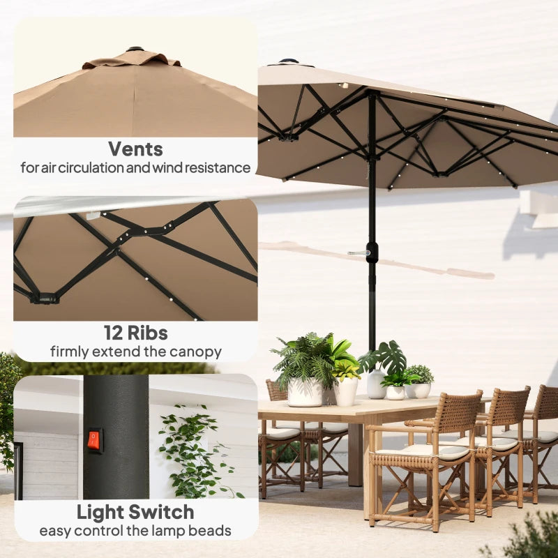 174" Double-Sided Sun Umbrella Garden Parasol Patio Sun Shade Outdoor with LED Solar Light, Khaki