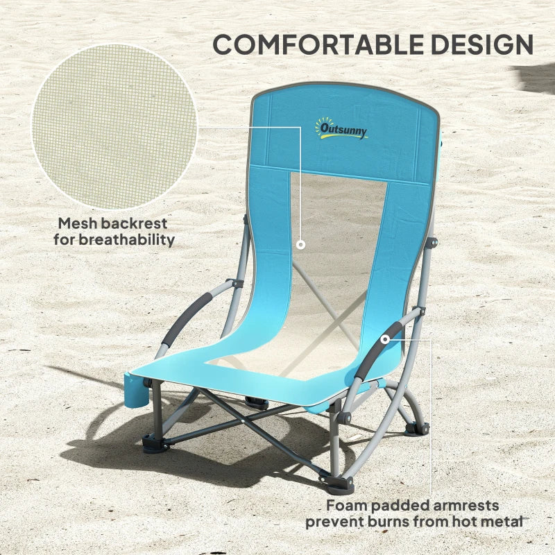 Set of 2 Folding Beach Chairs with Mesh Back, Carry Bag and Cup Holder for Outdoor Camping Lawn, 27.6" x 22.8" x 31.1"