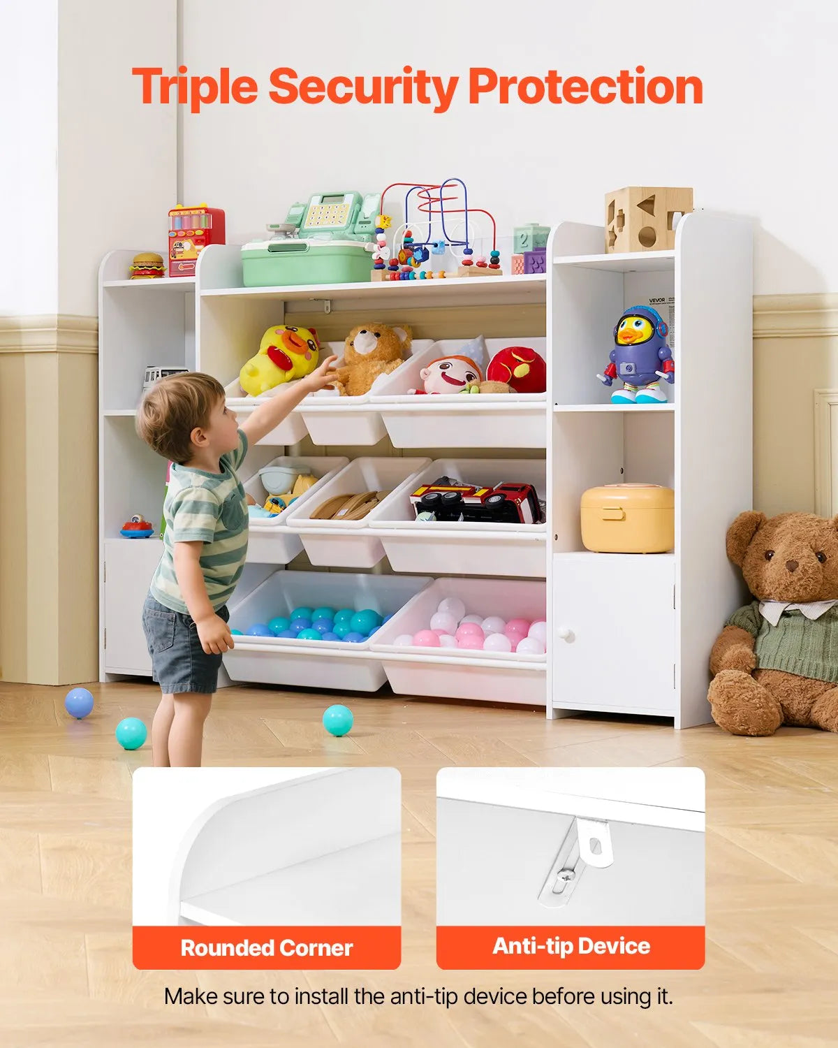 VEVOR 4-Tier Large Kids Toy Storage and Bookshelf with 8 Plastic Bins White