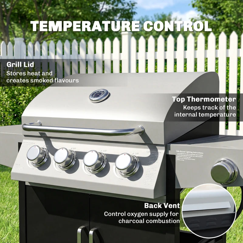4+1 Burner Liquid Propane Gas Grill, Outdoor Portable BBQ Grill with Side Burner, Warming Rack, Side Shelf