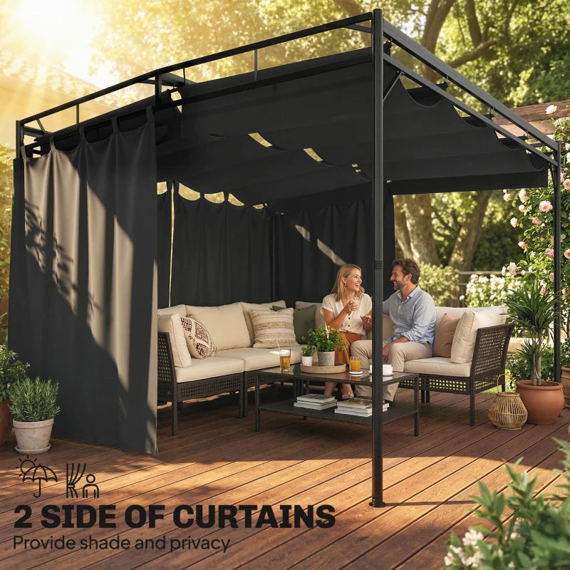 10' x 10' Retractable Pergola Canopy, Outdoor Pergola with Curtains, Metal Garden Gazebo Sun Shade Shelter for Patio