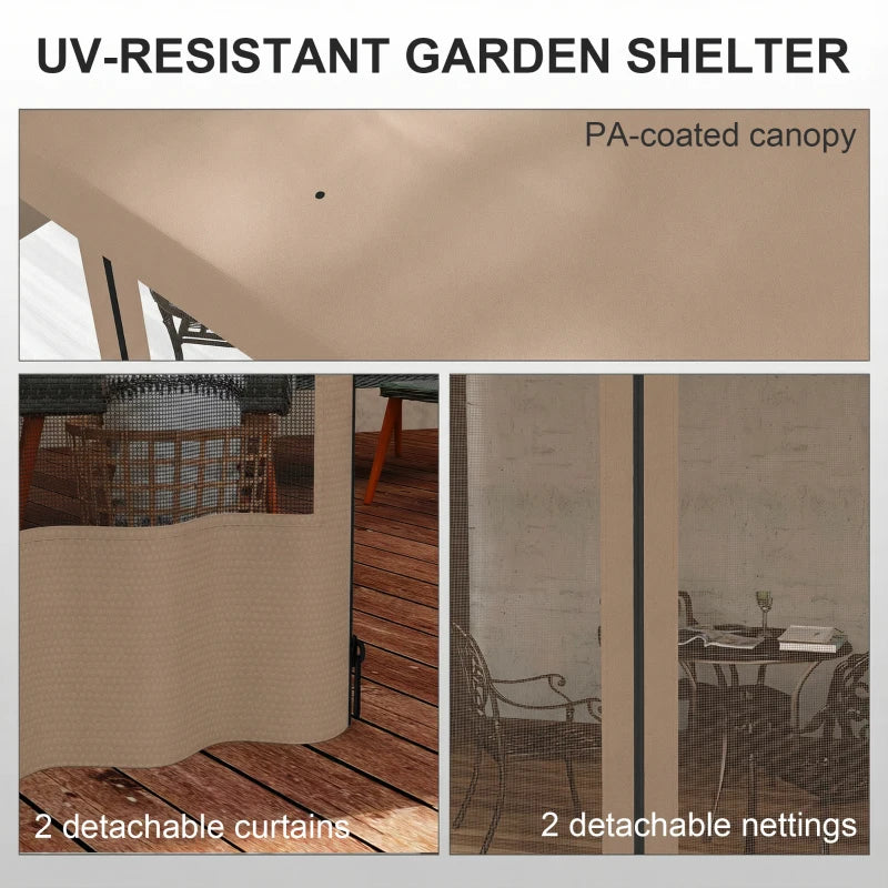 10' x 10' Wall Pergola, Outdoor Gazebo with 2 Curtains and 2 Nettings, UV Resistant, for Patio, Deck, Khaki