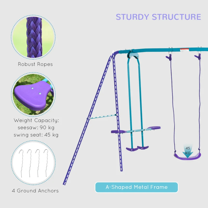 3 in 1 Metal Swing Set with Double Swings, Glider for Backyard, Outdoor, Playground, Purple