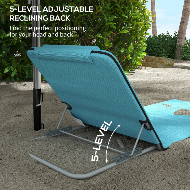 2 Pieces Beach Lounge Chair, Outdoor Folding Chaise Lounge Set w/ Pillow for Sunbath, Snap, Blue