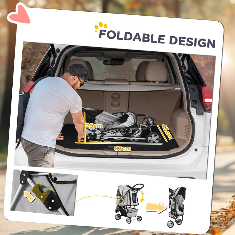 3 Wheels Foldable Dog Stroller with Storage Basket, Adjustable Canopy, Cupholder for Miniature and Small Dogs, Grey