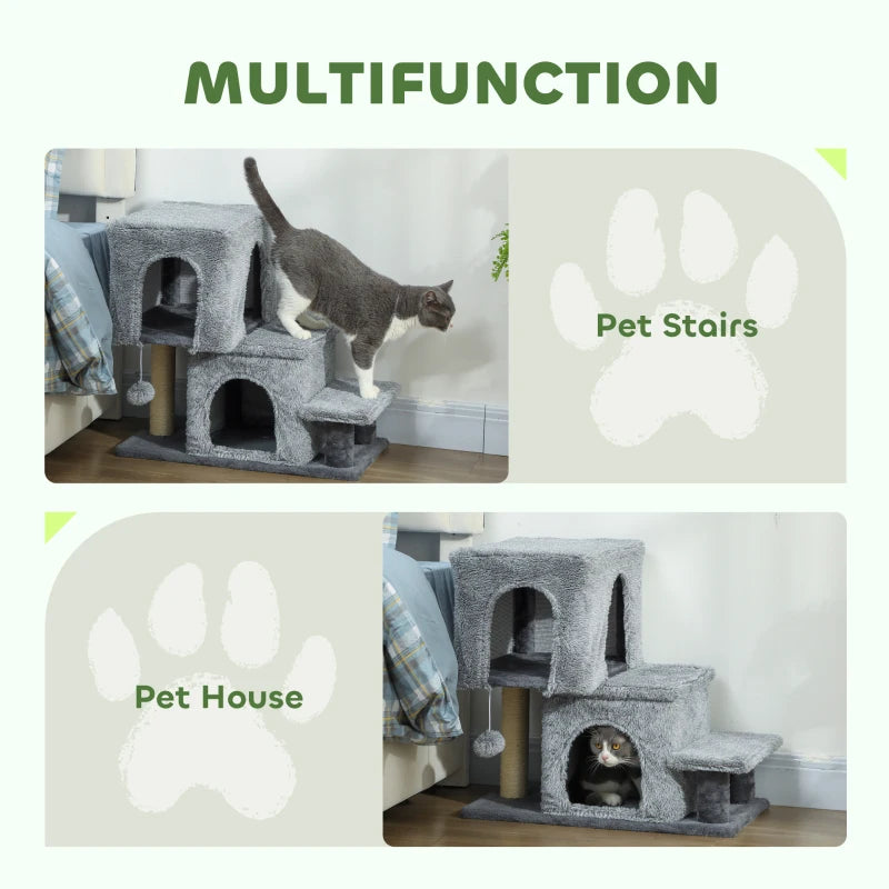 4-Step Pet Stairs, Adjustable Height Cat Stairs with Scratching Posts Cat Condo, Hanging Ball for High Bed, Grey