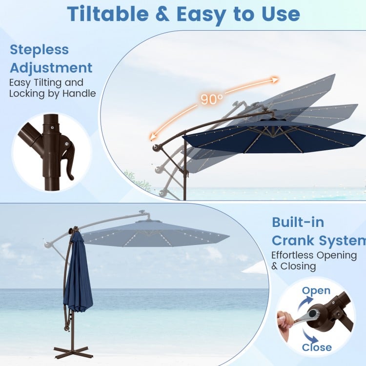 10 Feet Cantilever Umbrella with 32 LED Lights and Solar Panel Batteries-Navy