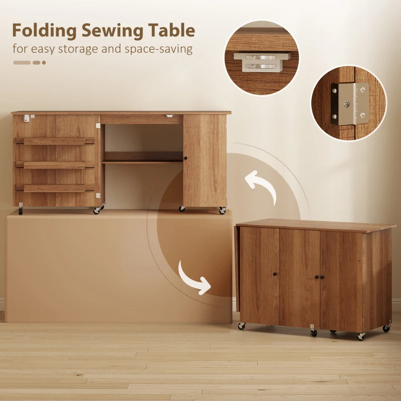 Sewing Machine Table with Drop Leaf, Folding Craft Table with 2 Doors and Adjustable Shelf for Small Spaces, Brown