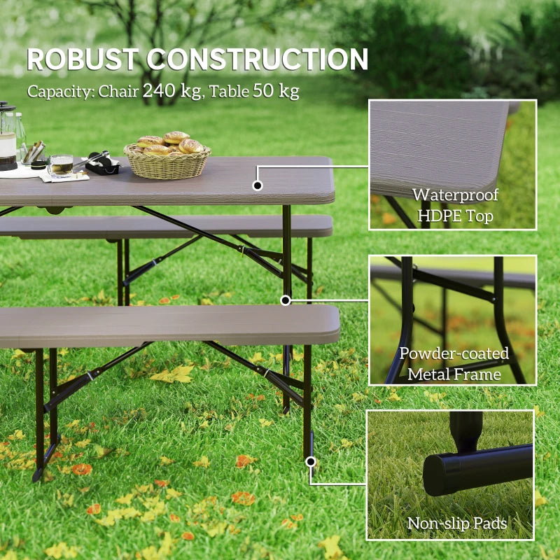 6FT 3PCS Faux Rattan Outdoor Camping Table Bench Set with Carrying Handles, Folding Picnic Table with 2 Benches, Brown