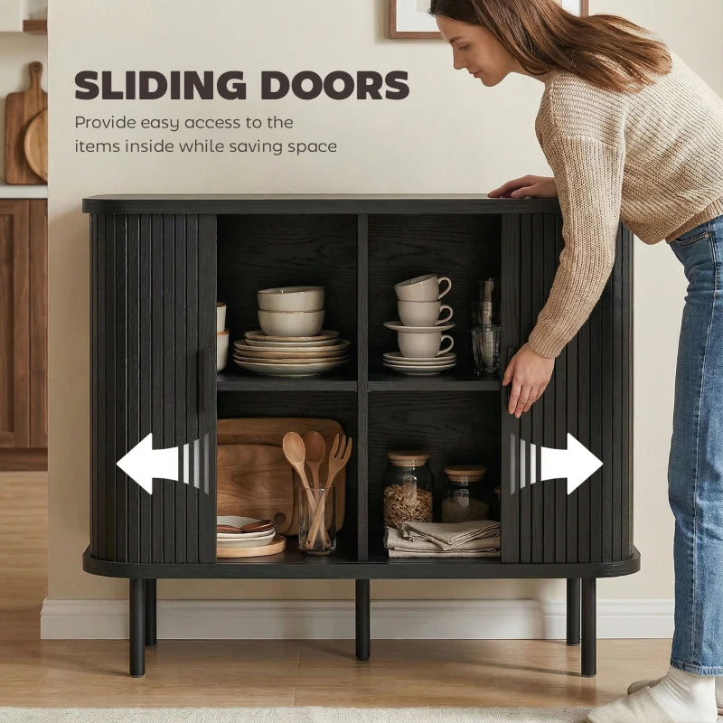 35.4" Sideboard Buffet Cabinet with Storage, Nordic Coffee Bar Cabinet with Slatted Tambour Doors and Metal Legs, Black