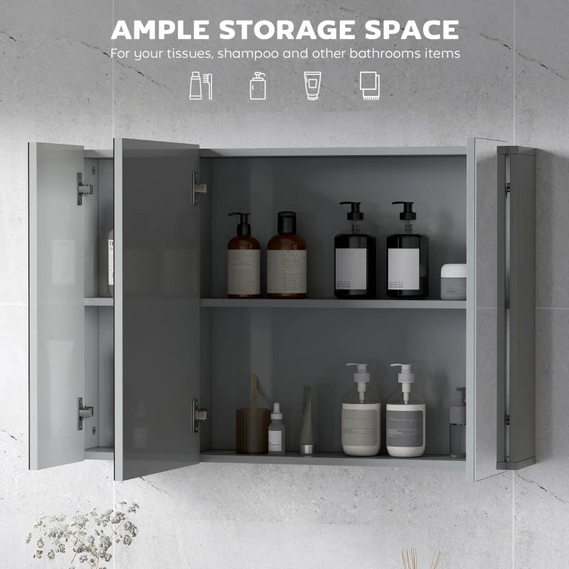 35" x 24" Wall Mounted Mirror Cabinet, Bathroom Medicine Cabinet with Mirror, 3 Doors and Adjustable Shelves, Grey