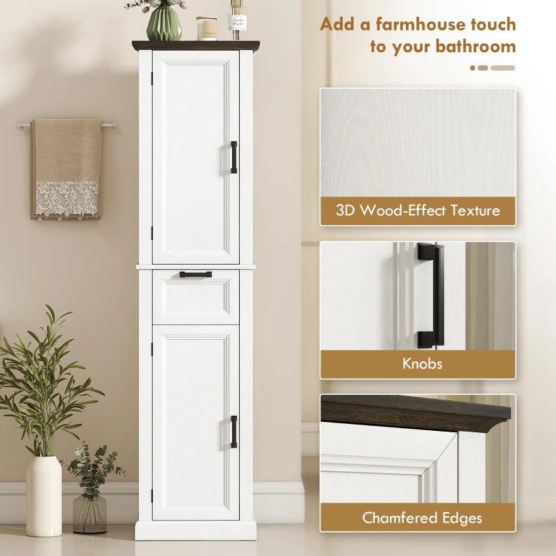 65" Tall Bathroom Storage Cabinet, Freestanding Farmhouse Slim Bathroom Cabinet with 2 Doors, Shelves and Drawer, White