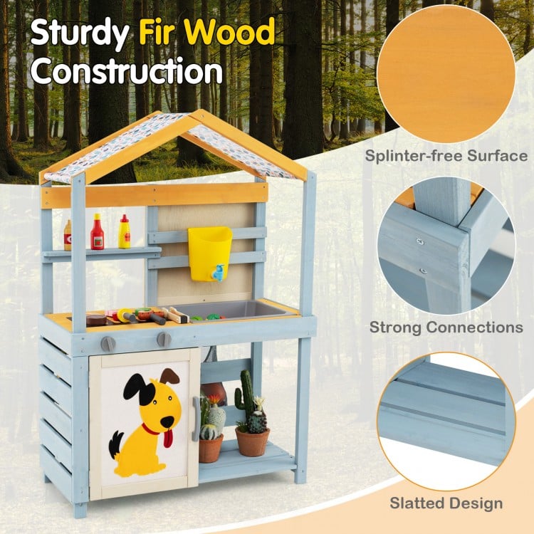 2 in 1 Wooden Mud Kitchen with Removable Water Box and Storage Bag-Gray