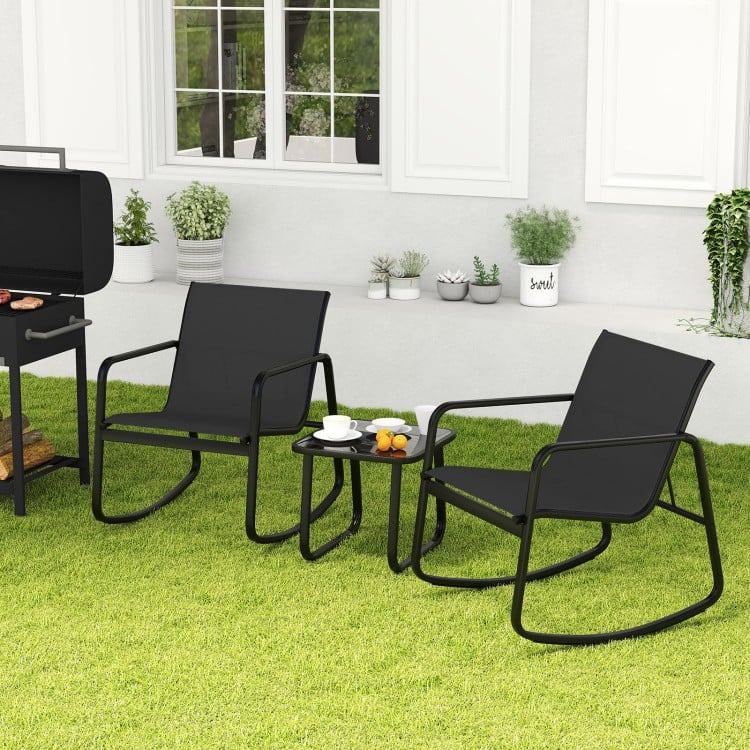 2 Rocking Bistro Chairs and Glass-Top Table for Porch Yard Balcony-Black