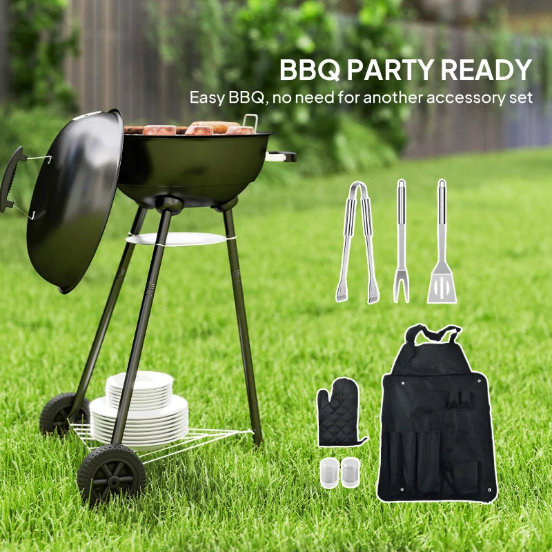 17" Kettle Charcoal BBQ Grill with BBQ Accessories, Barbecue Grill with Shelf, Ash Catcher, Wheels, Handles for Outdoor Cooking, Patio Backyard Party, Black