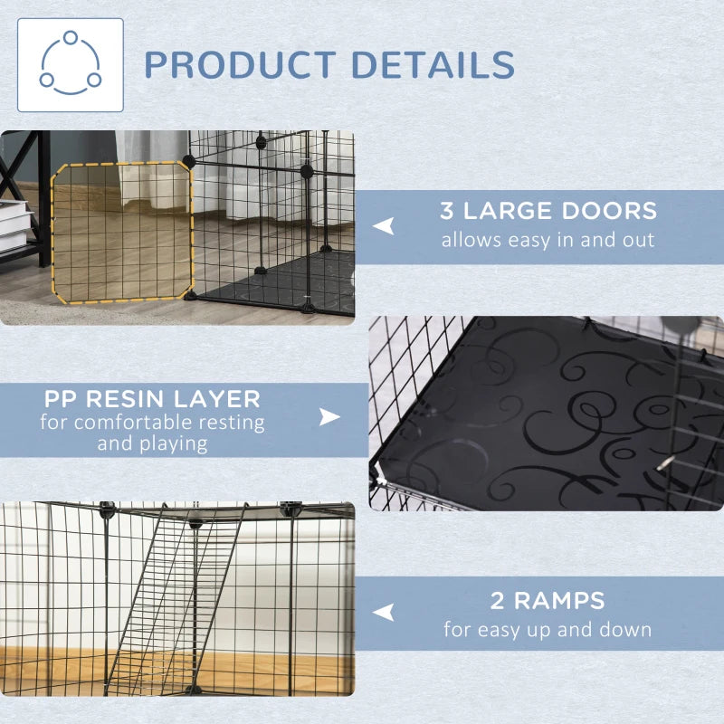 39 Pcs Small Animal Cage Bunny Hutch Portable Metal Wire with Ramps for Kitten Chinchilla, Black