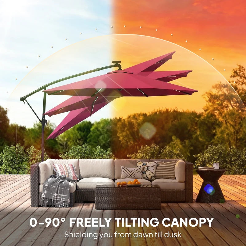 10 ft Offset Patio Umbrella with Solar Light, Garden Hanging Parasol with 360° Rotation, Tilt, Cover, Wine Red