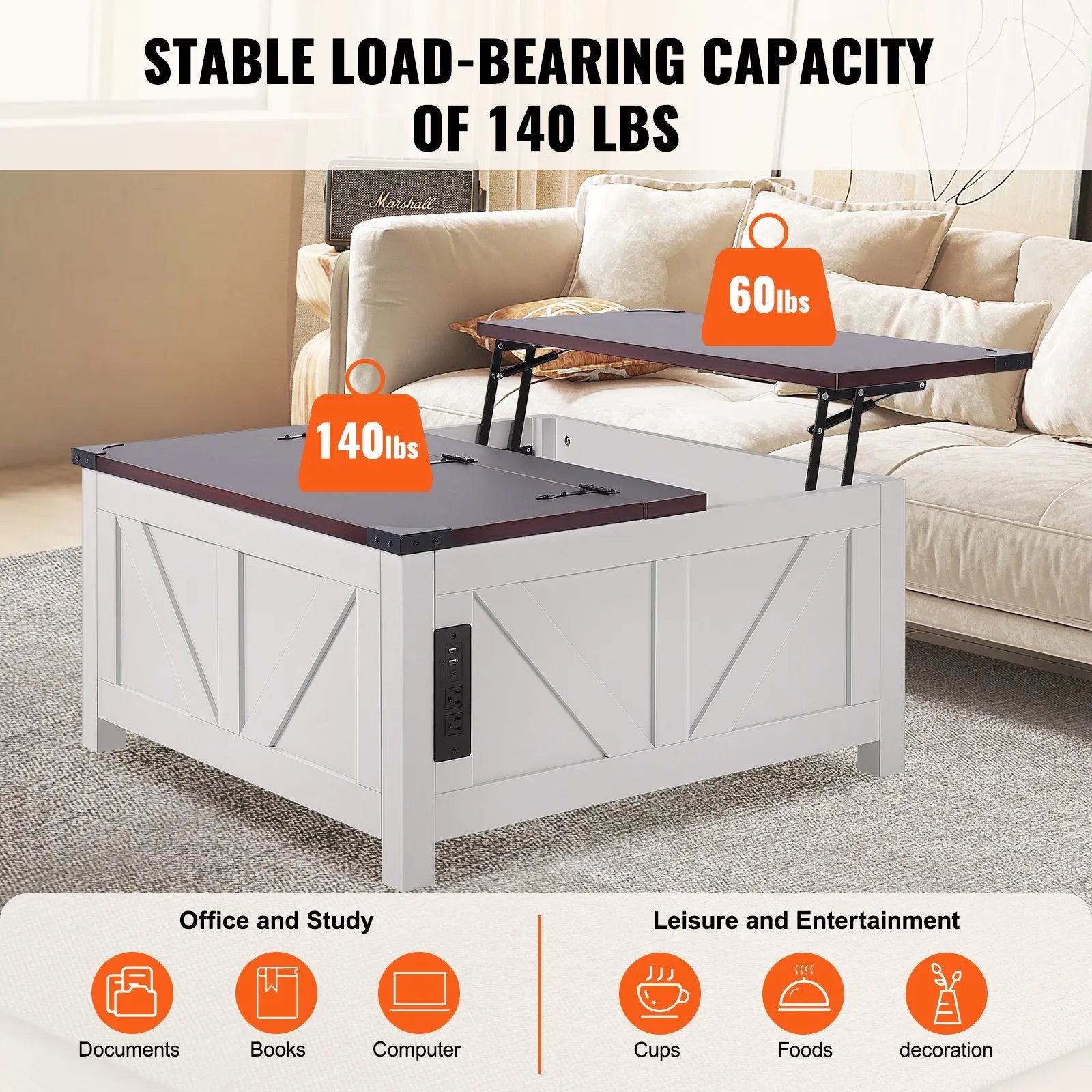 VEVOR 36" Farmhouse Coffee Table Hinged Lift Top Square Table with Power Strip